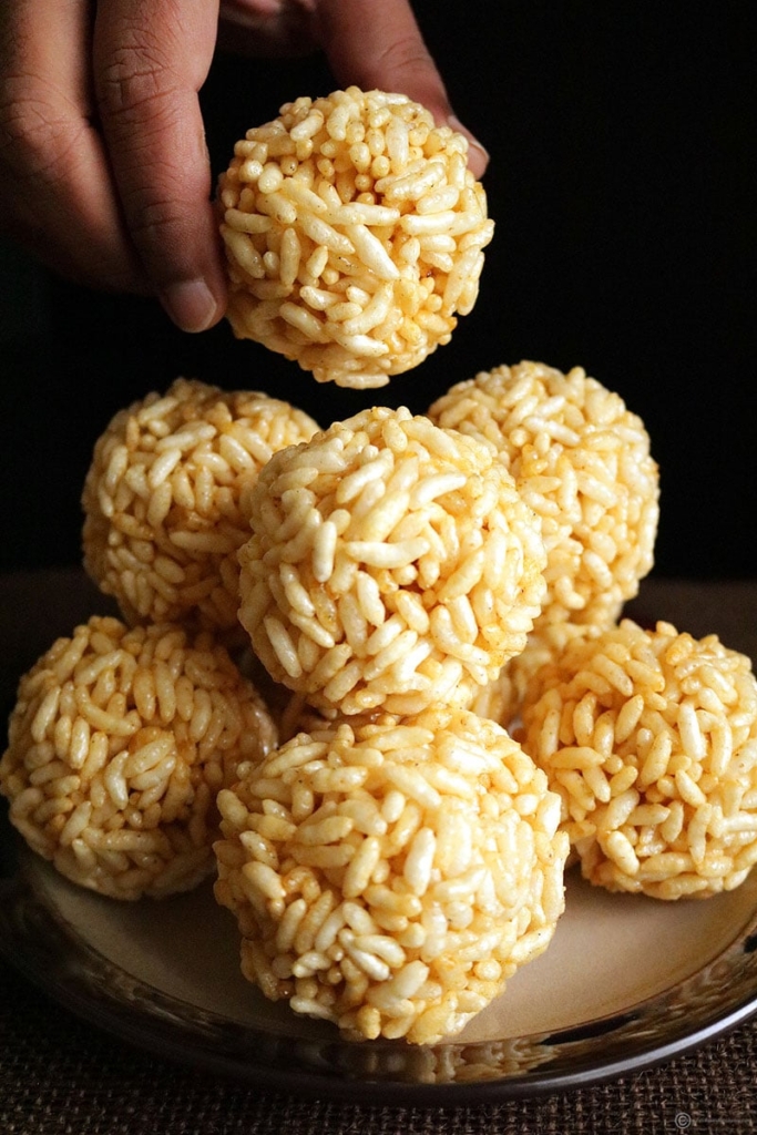 Pori urundai is a traditional Indian sweet generally made from puff rice balls and jaggery.The preparation consists of first preparing the hot jaggery syrup with a minimum of water and adding it to puffed rice.Then ,they are moulded into spherical shape balls.