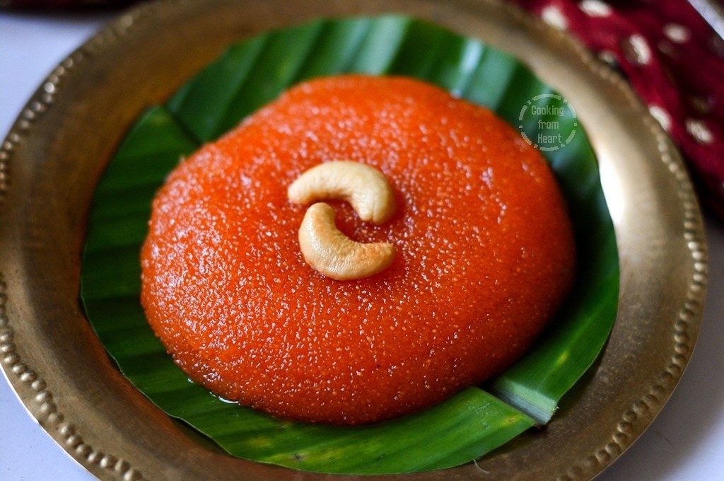 Rava Kesari or Kesari Bath consists semolina, sugar, ghee, water, and milk. The dish can also be prepared with pineapple, banana, mango, coconut or rice. It assumes the  texture of a crumbled cake.